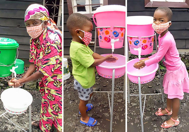 Picture refugees in DR Congo using washing station during COVID-19